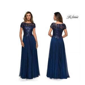 La Femme Floral Lace & Satin Chiffon Sequin Gown Dress Sz 8 ($378) Navy Blue NEW